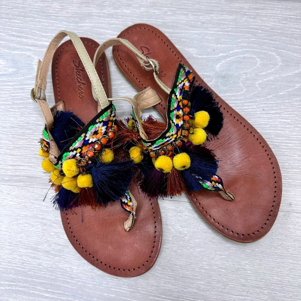 Skechers T-Strap Pom Pom Tassel Sandals Womens‎ 9 Brown Multi Boho Festival